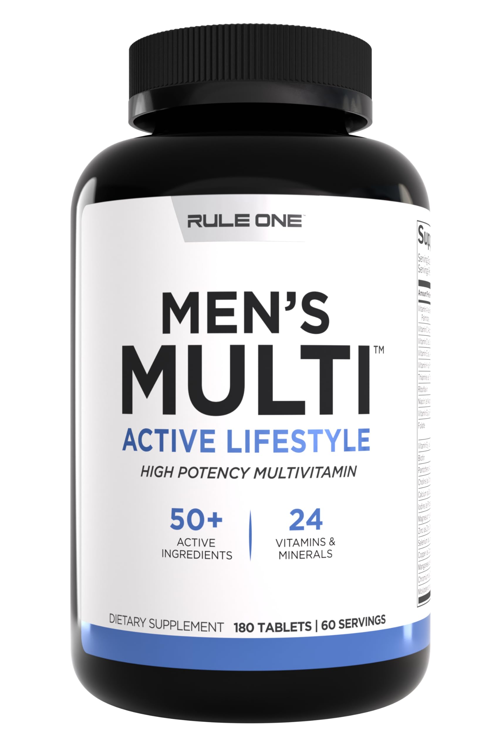 Rule1 Men's Multi bottle front showing a complete daily nutrient lineup for active men