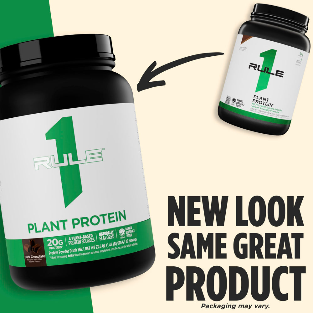 Rule 1 Plant Protein dark chocolate mixing glass—mixes smoothly into water or plant milk.