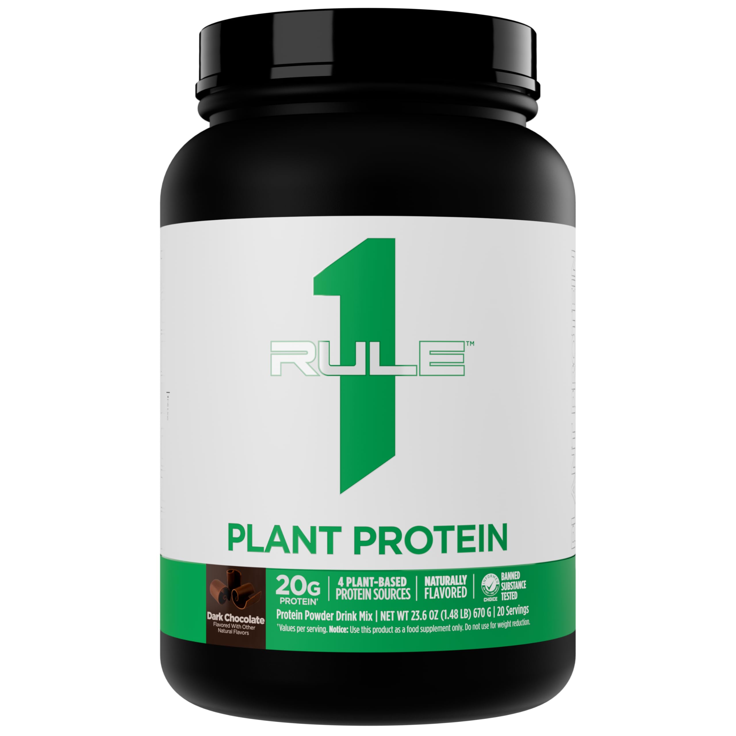 Rule 1 Plant Protein dark chocolate tub front—vegan powder ideal for daily protein boosts.