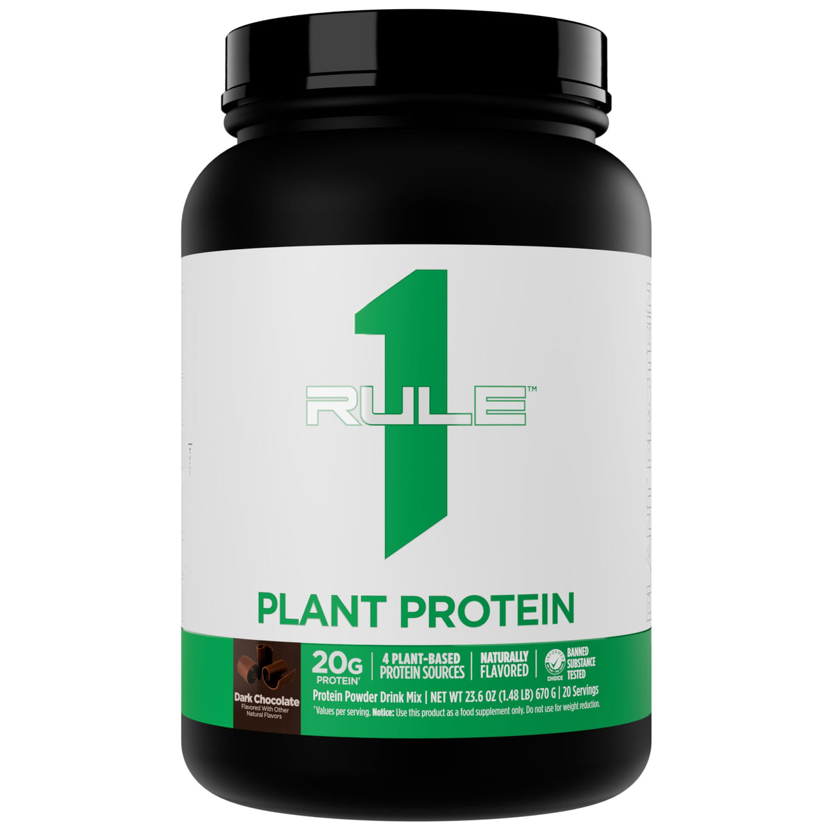 Rule 1 Plant Protein dark chocolate tub front—vegan powder ideal for daily protein boosts.