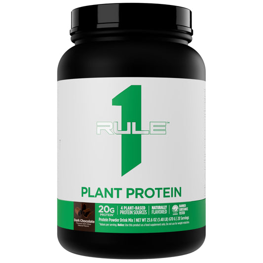 Rule 1 Plant Protein dark chocolate tub front—vegan powder ideal for daily protein boosts.