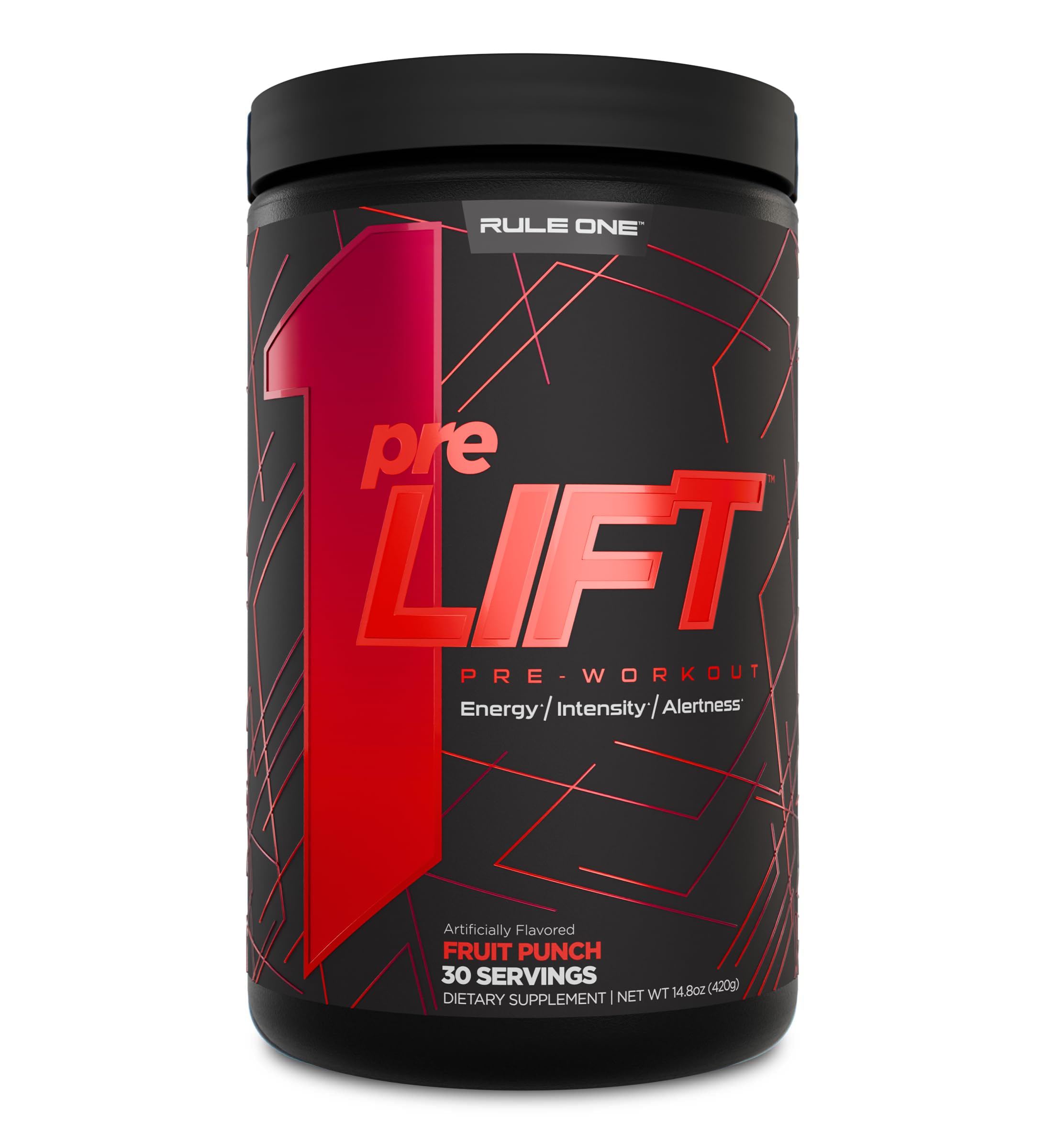 Rule 1 preLIFT fruit punch tub front shows energy-boosting formula