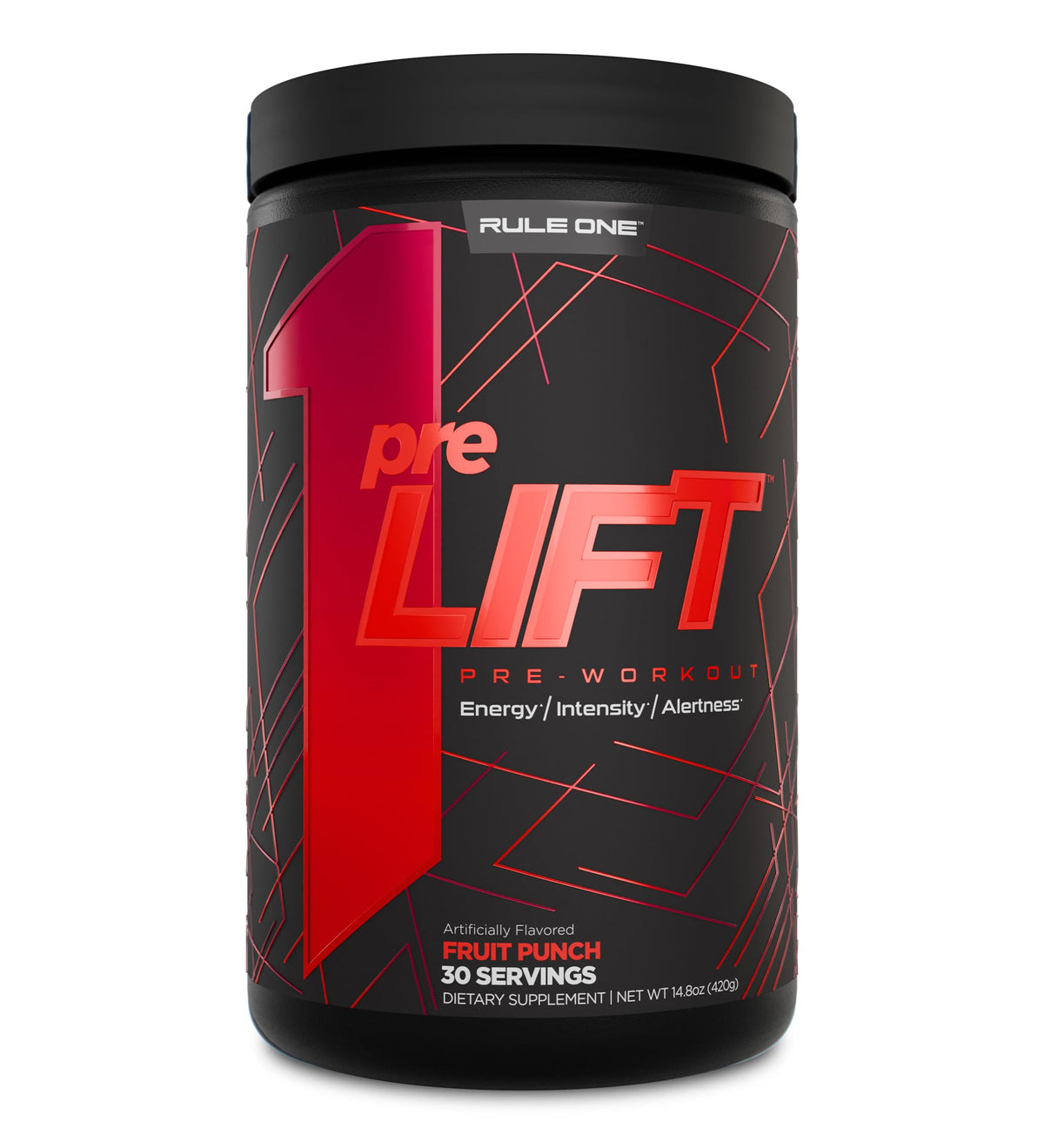 Rule 1 preLIFT fruit punch tub front shows energy-boosting formula