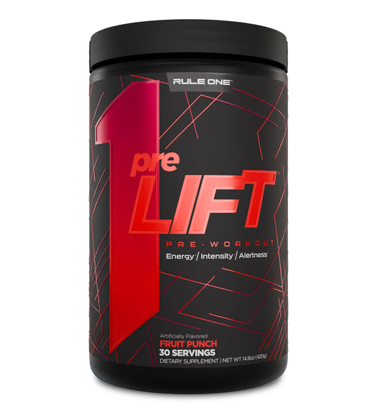 Rule 1 preLIFT fruit punch tub front shows energy-boosting formula
