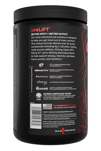 Rule 1 preLIFT scoop with powder ready for pre-workout mix