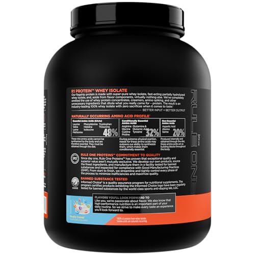 Rule 1 R1 Protein Whey Isolate shaker filled with Fruity Cereal shake after workouts