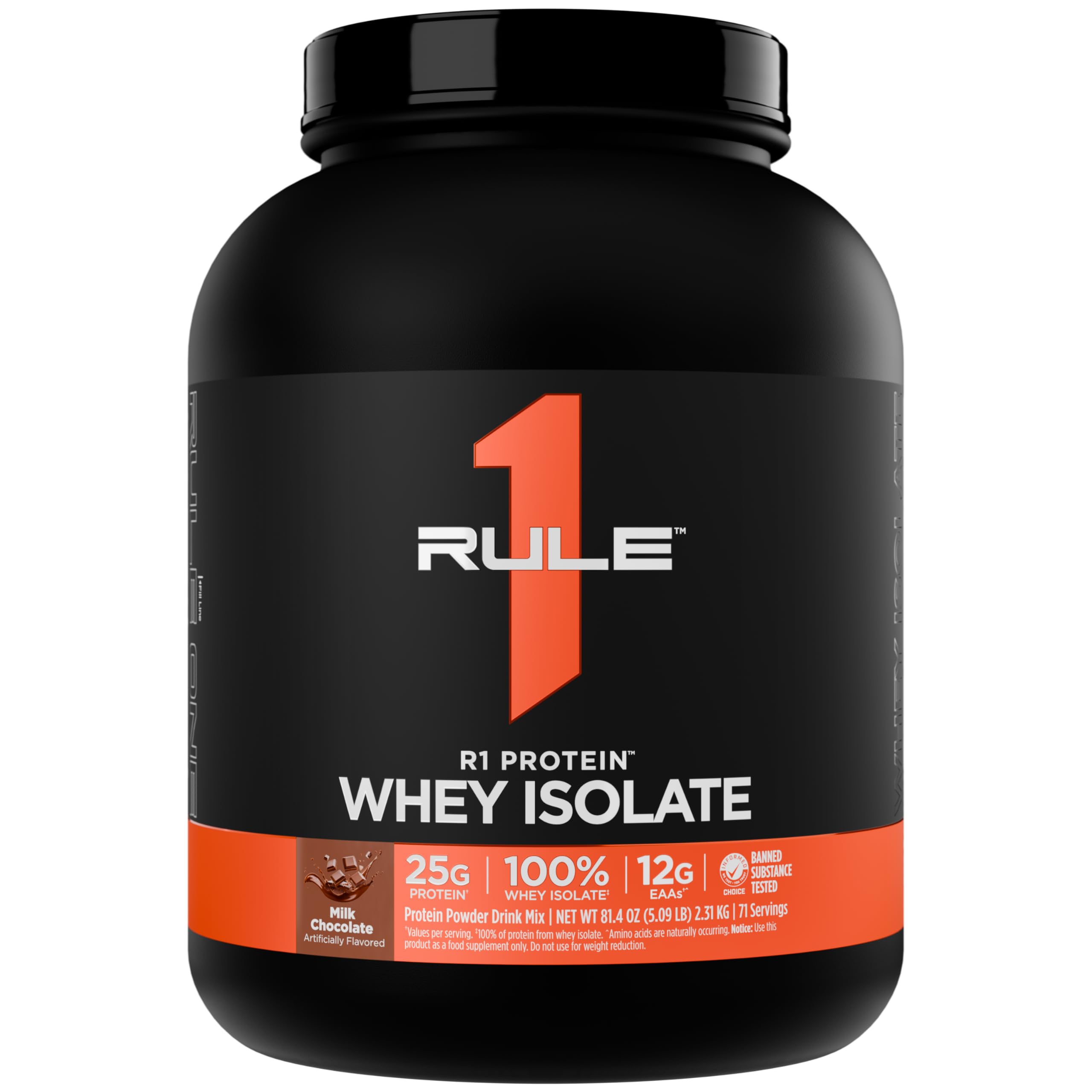 Rule 1 Proteins R1 Whey Isolate tub front shows fast-acting protein for workouts.