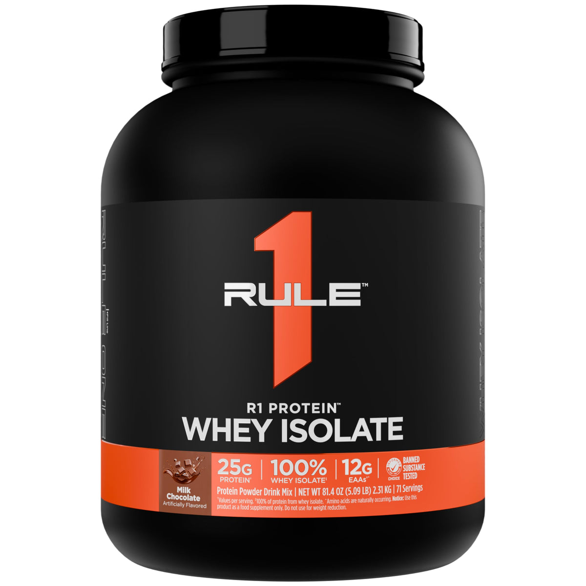 Rule 1 Proteins R1 Whey Isolate tub front shows fast-acting protein for workouts.
