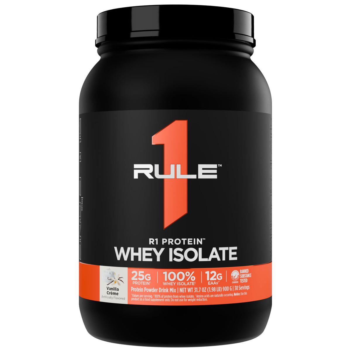 Rule 1 R1 Protein Whey Isolate Vanilla Créme container ready for daily protein
