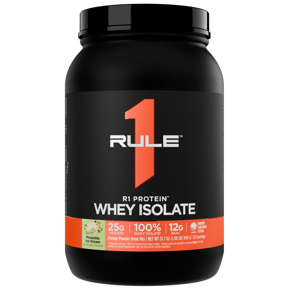 Rule 1 R1 Whey Isolate pistachio ice cream tub highlights high protein content.