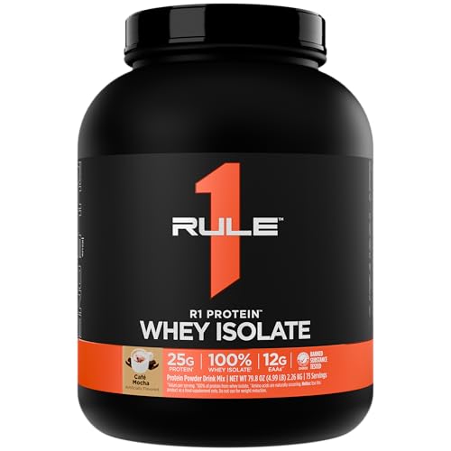 Rule 1 R1 Protein Whey Isolate tub front highlights pure whey isolate for quick recovery