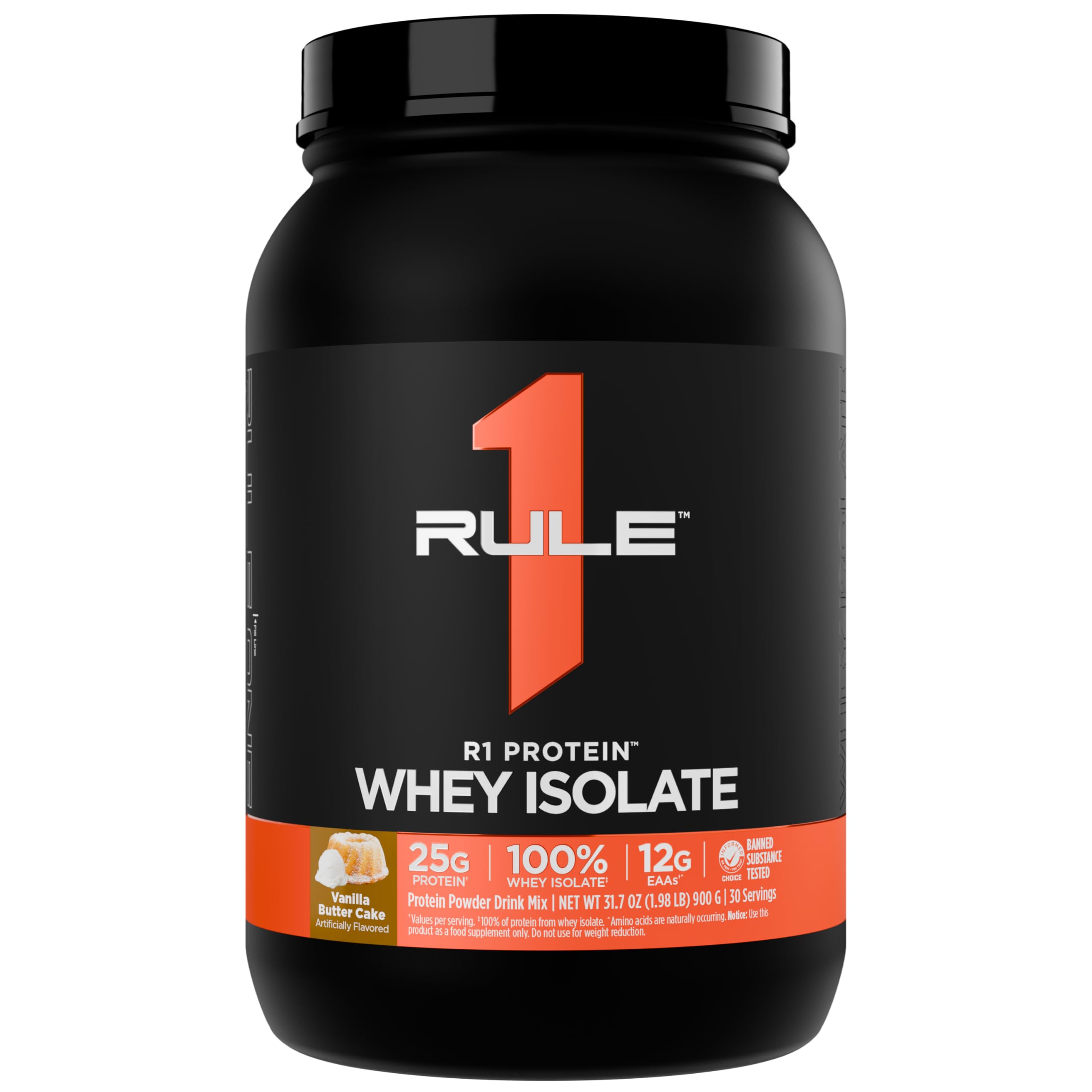 Rule 1 R1 Whey Isolate tub in vanilla butter cake flavor for post-workout shakes