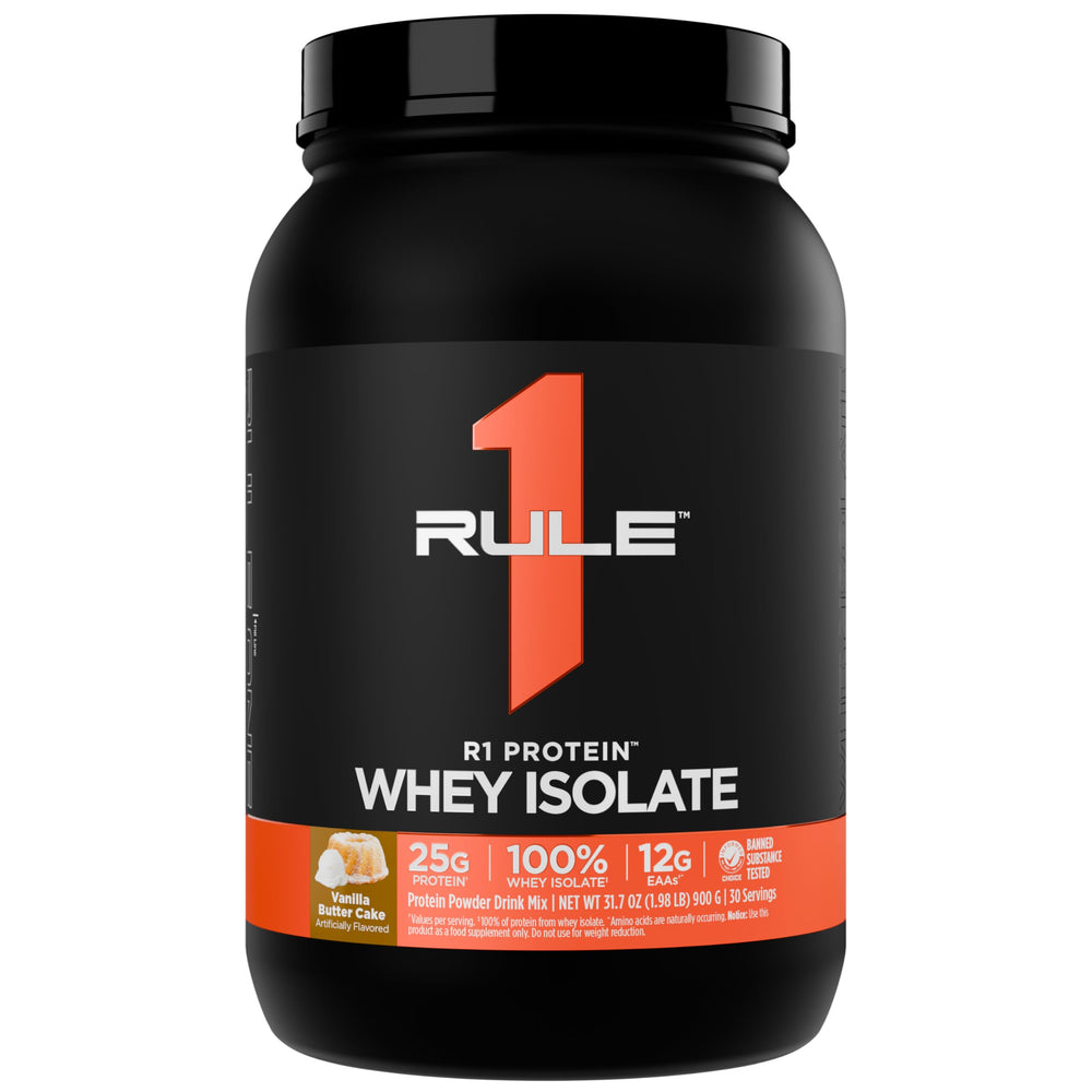 Rule 1 R1 Whey Isolate tub in vanilla butter cake flavor for post-workout shakes