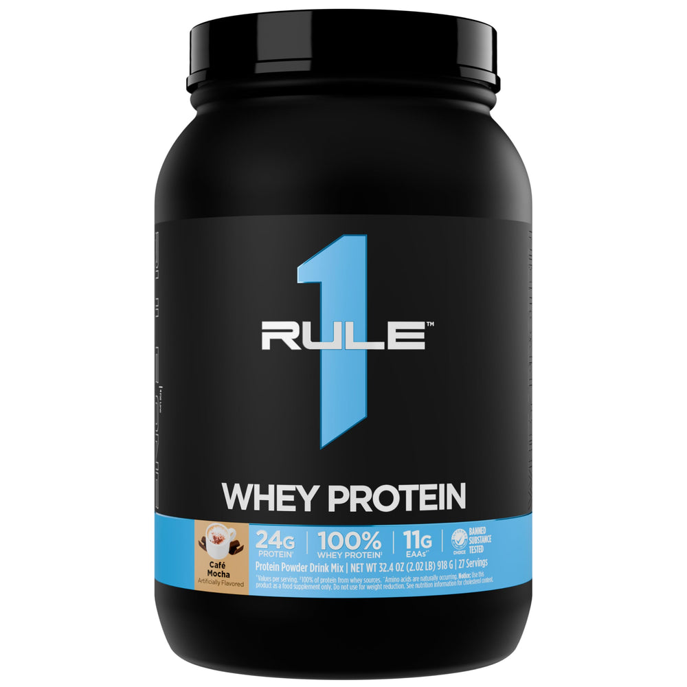 Rule 1 Whey Protein bottle showing 24g protein per serving for steady recovery
