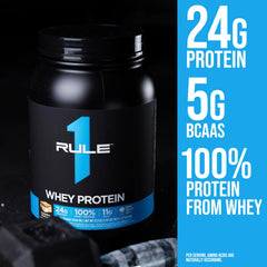 Rule 1 Whey Protein serving-size card communicates 24g protein per scoop