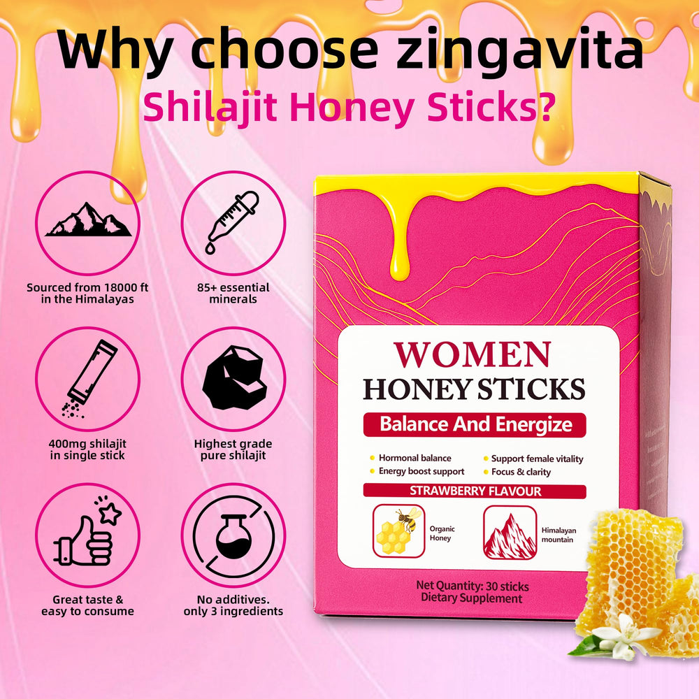 Rulinal Bloomin Honey Sticks Shilajit strawberry flavor close-up supports mood.