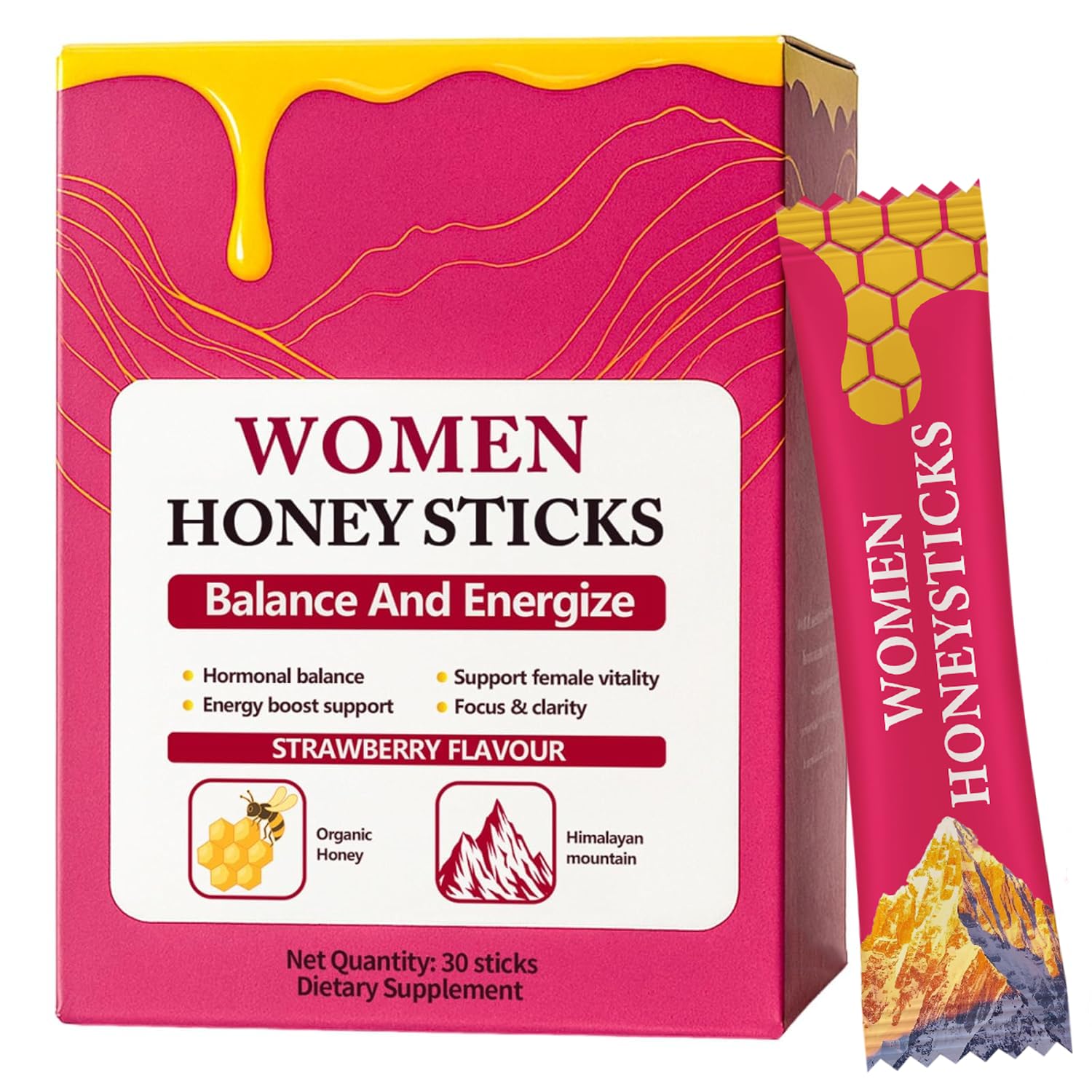 Rulinal Bloomin Honey Sticks Shilajit strawberry image for energy and balance.