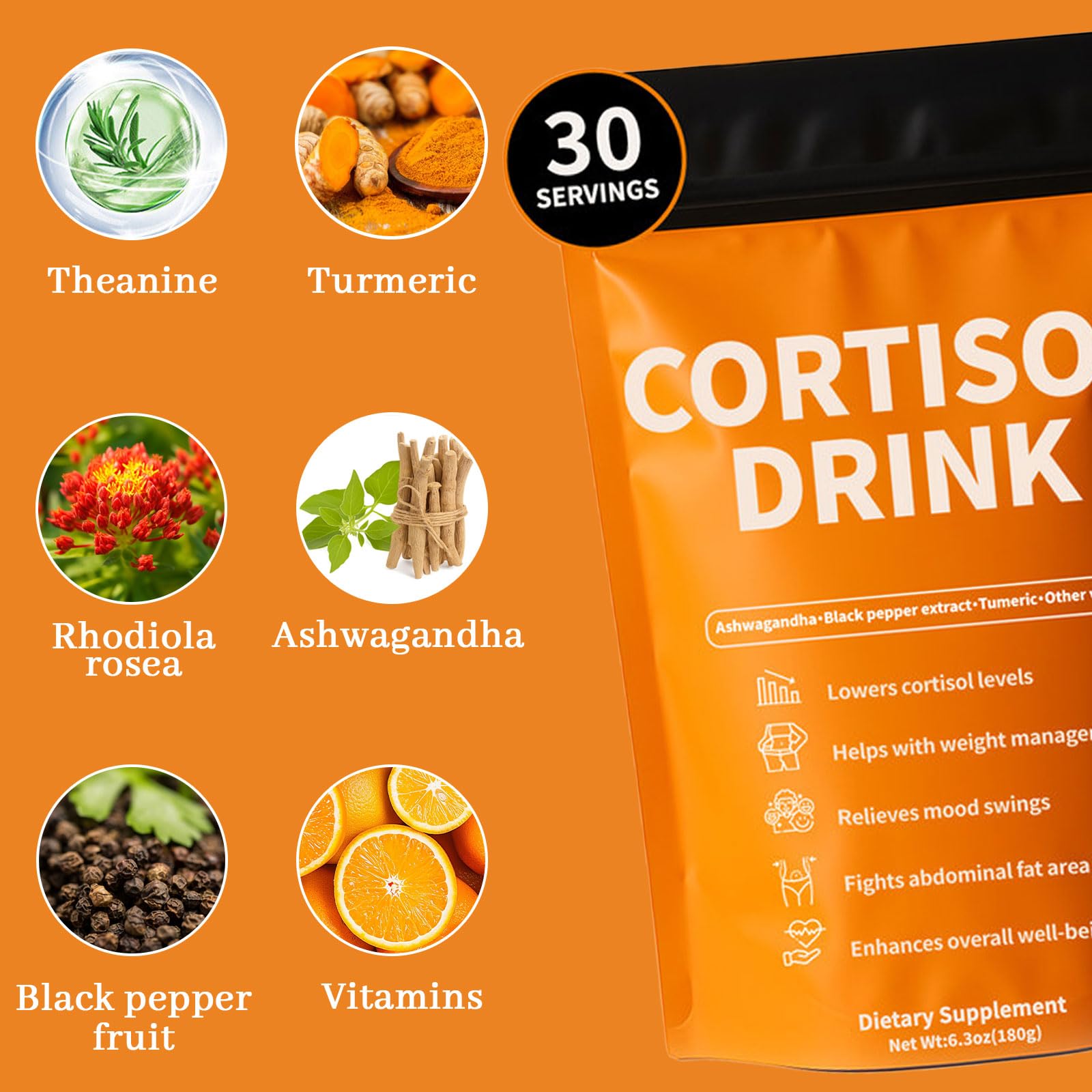 Rulinal Cortisol Drink Powder ingredients panel featuring Ashwagandha and turmeric