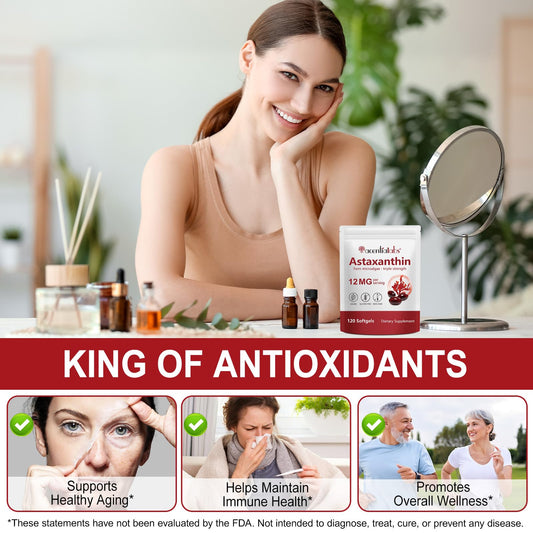 Rulviou astaxanthin softgels closeup, easy-to-swallow capsules