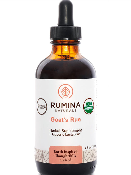 Rumina Naturals Goats Rue bottle showing organic lactation supplement for milk support.