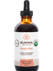 Rumina Naturals Goats Rue bottle showing organic lactation supplement for milk support.