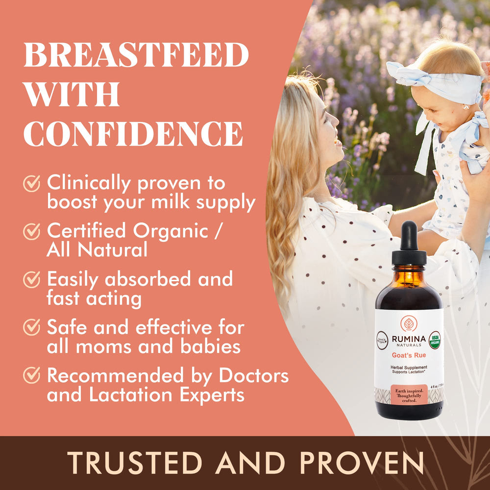 Rumina Naturals Goats Rue label detail highlighting organic, fenugreek-free formula.