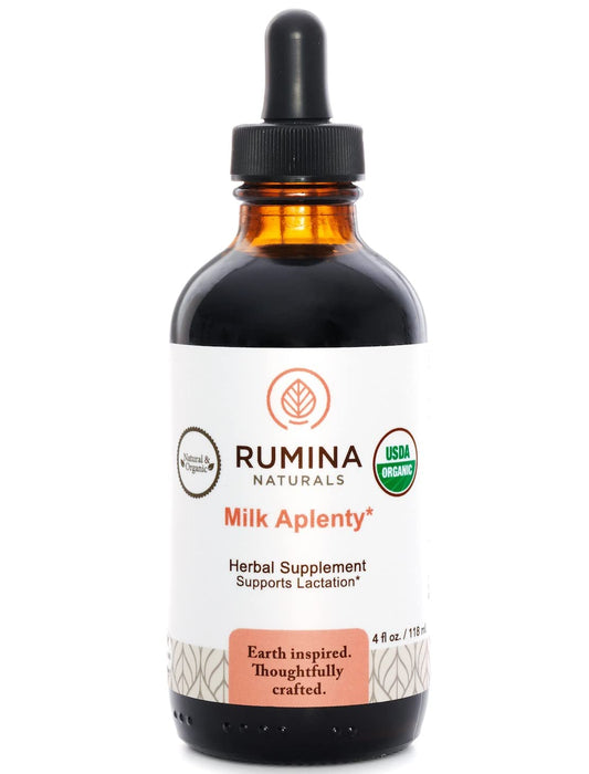 Rumina Naturals Milk Aplenty bottle ready for natural lactation support.