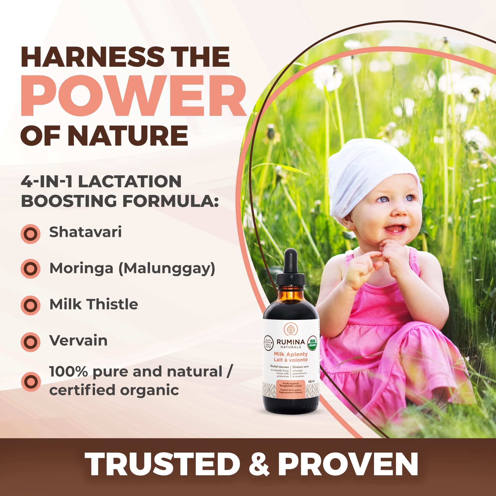 Ingredients chart for Milk Aplenty featuring Shatavari, Moringa, Milk Thistle and Vervain.