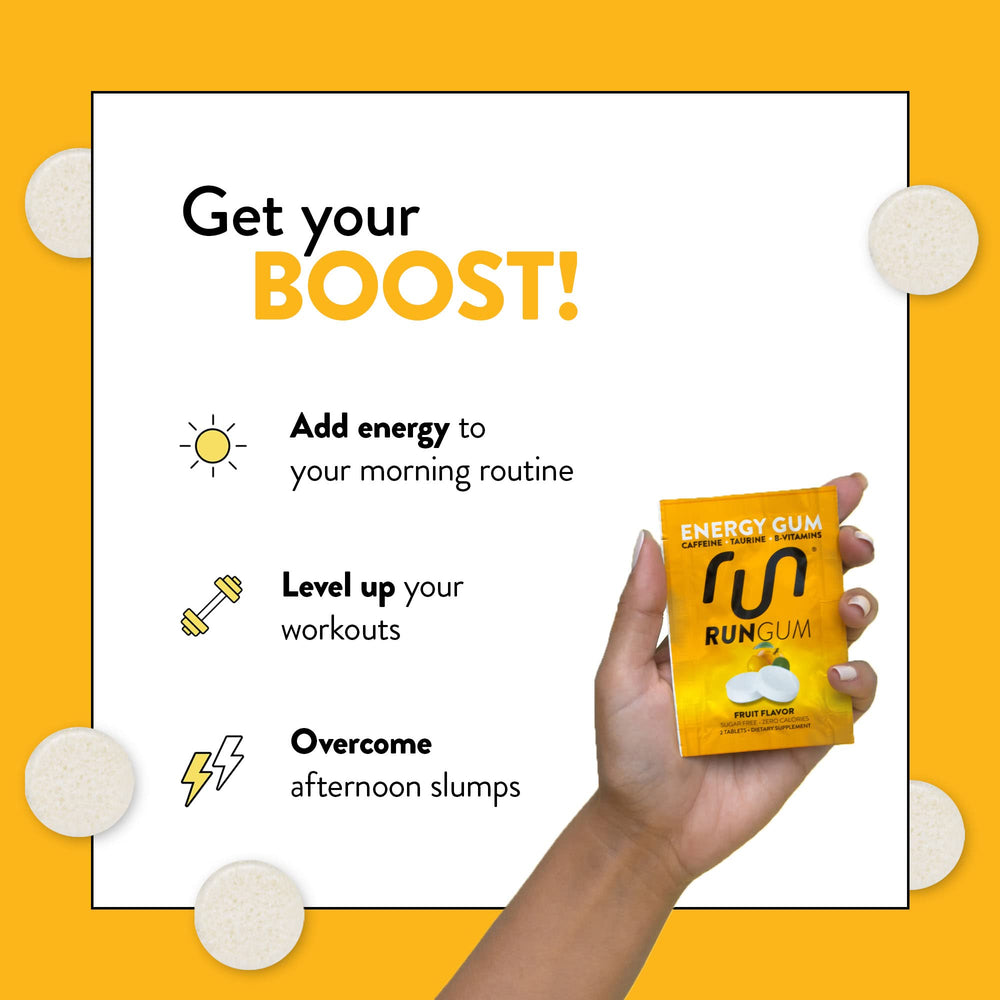 Run Gum piece label indicates 50 mg caffeine per piece for focused moments.