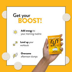 Run Gum piece label indicates 50 mg caffeine per piece for focused moments.