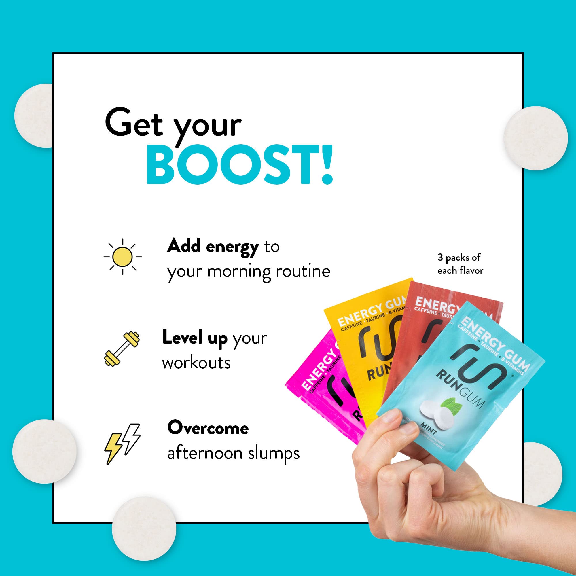 Run Gum energy chews close-up emphasizes caffeine boost and minty freshness.