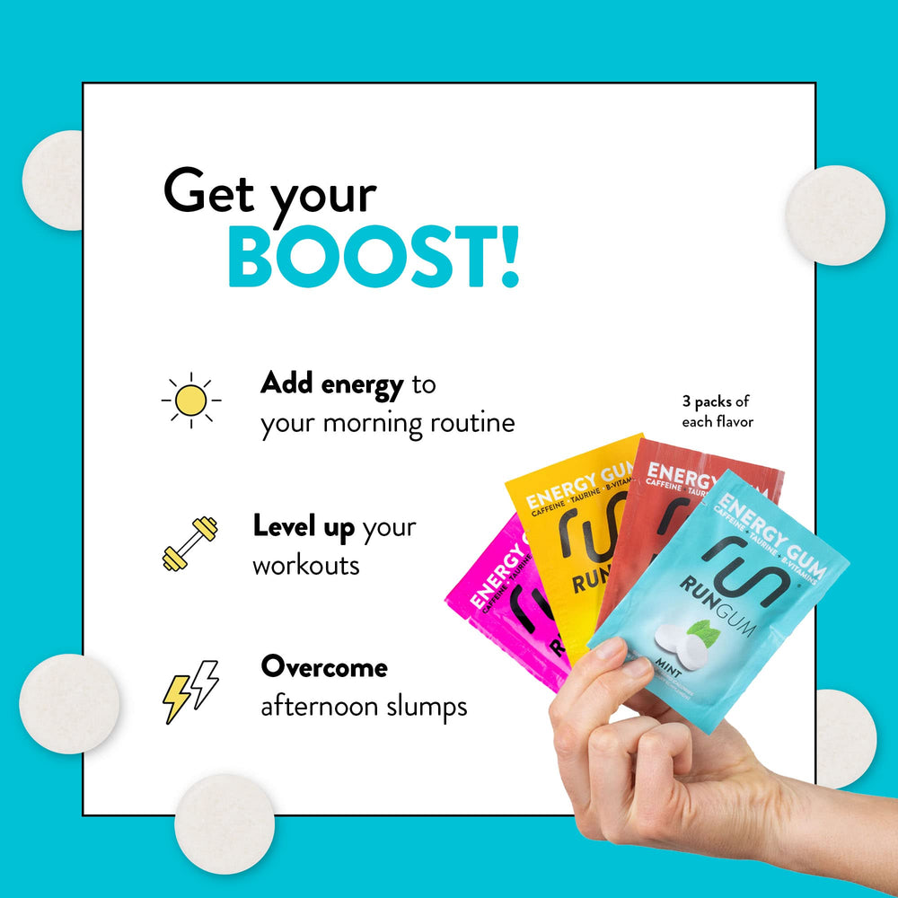 Run Gum energy chews close-up emphasizes caffeine boost and minty freshness.