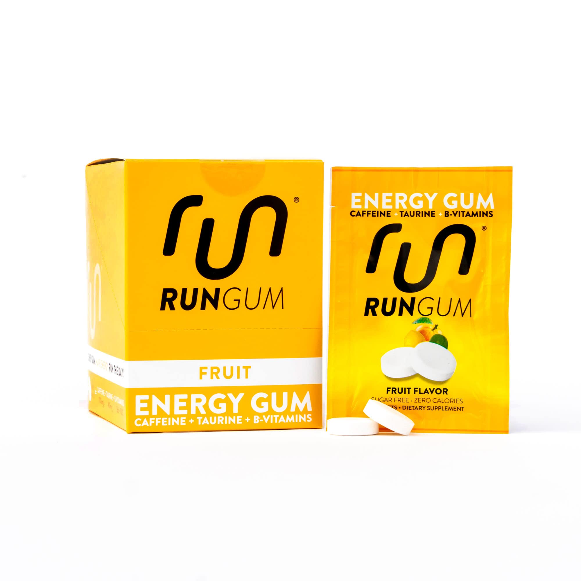 Run Gum fruit flavor packaging shows portable energy for workouts and busy days.
