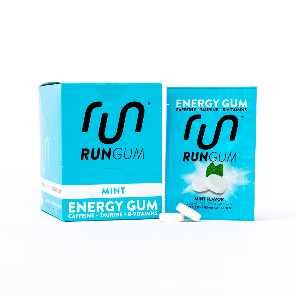 Run Gum mint energy gum front pack showing the product design for a quick caffeine boost.