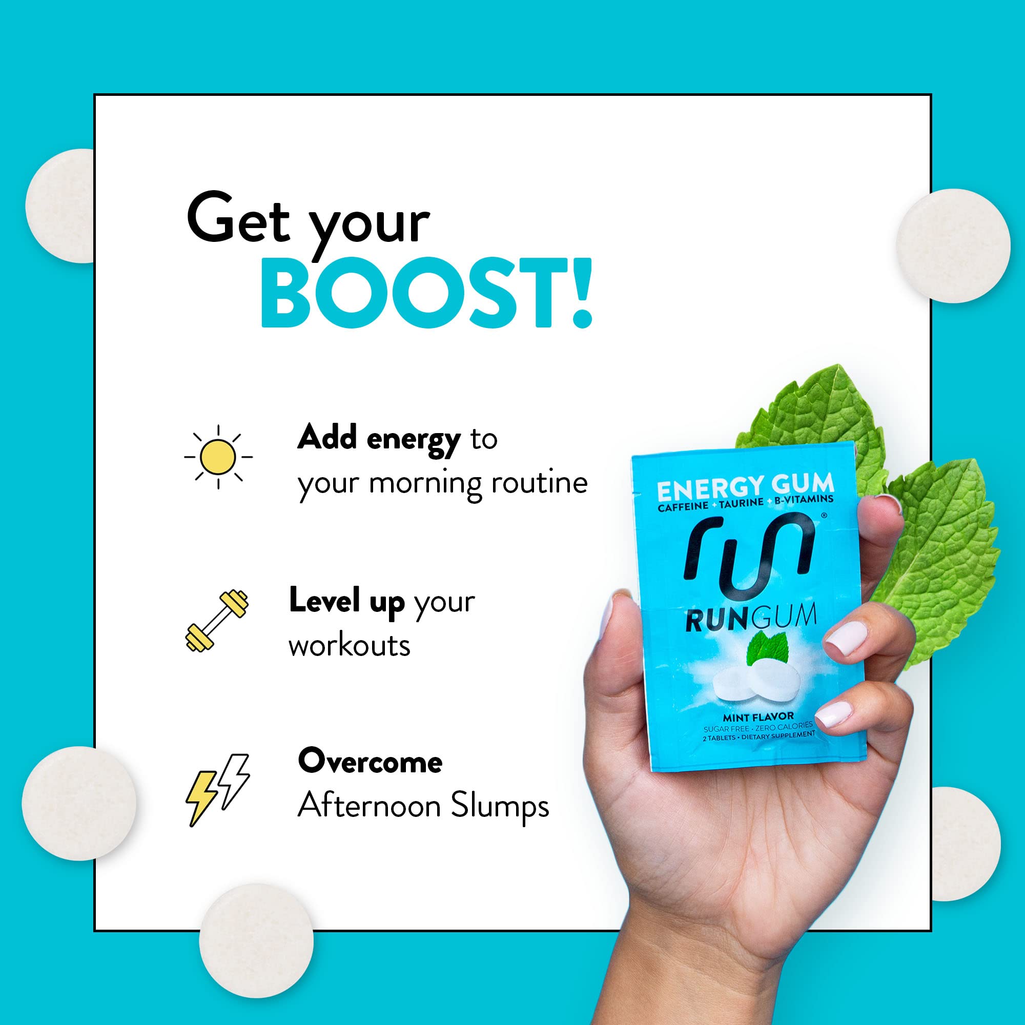 Run Gum mint close-up highlights refreshing flavor and bite-sized energy.