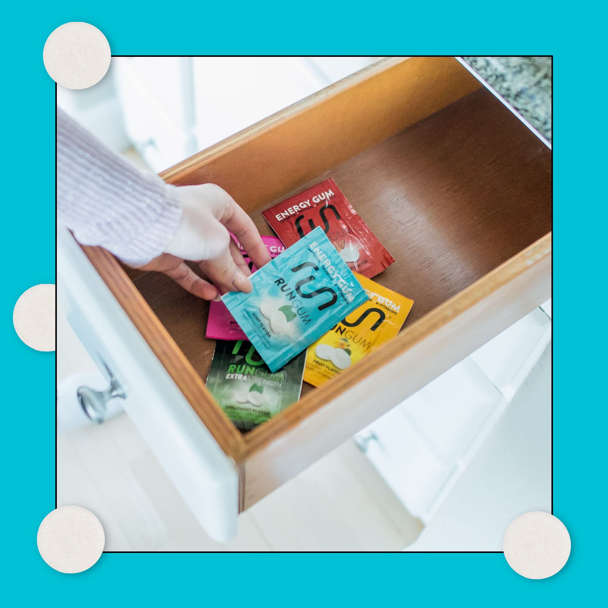 Run Gum stack of packs shows a ready supply for daily routines.
