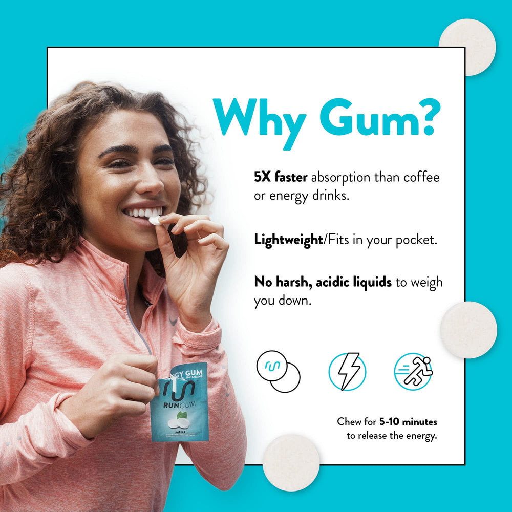 Run Gum sugar-free icon emphasizes clean energy without sugar crash.