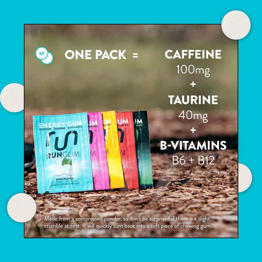 Run Gum taurine and B-vitamins graphic hints at supported alertness.