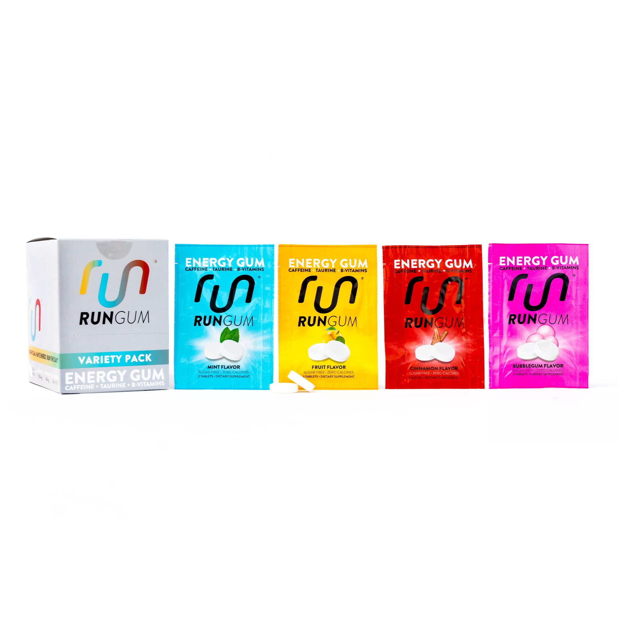 Run Gum variety pack front view shows compact energy for study breaks and workouts.