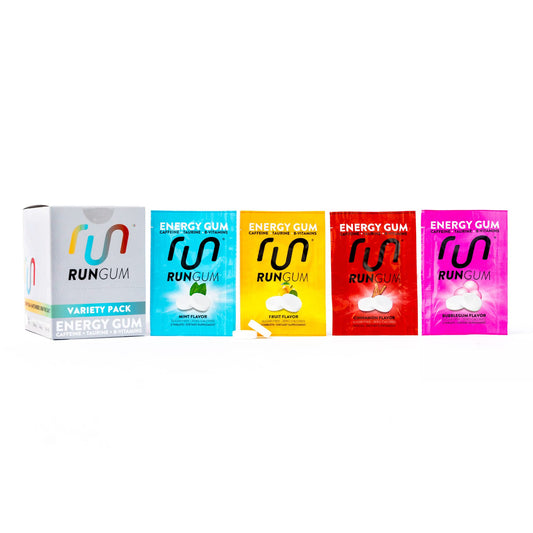 Run Gum variety pack front view shows compact energy for study breaks and workouts.