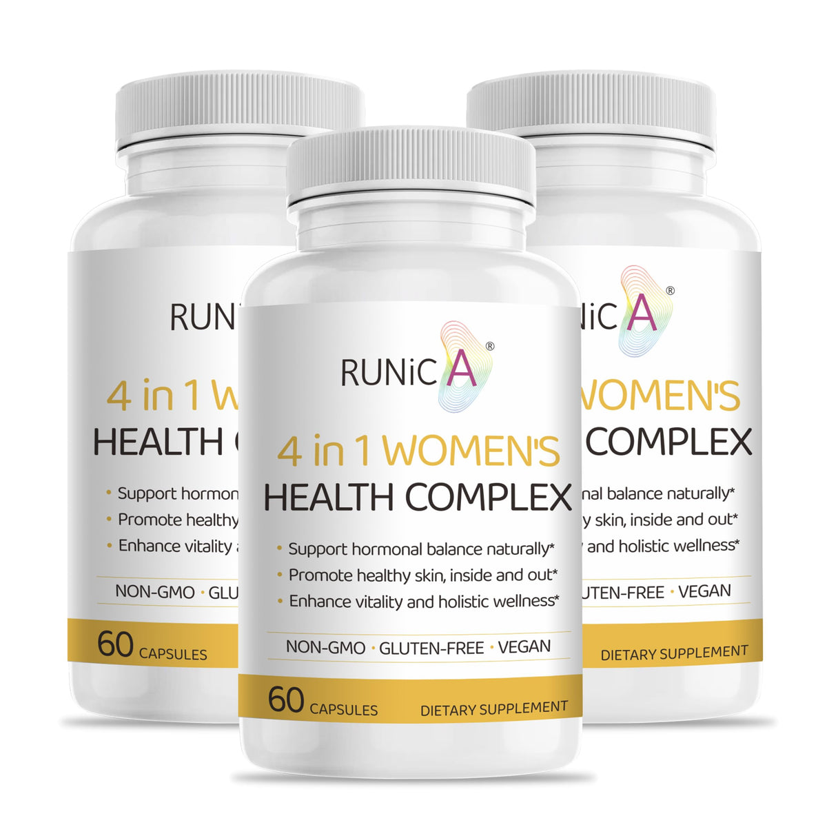 RUNICA 4in1 bottle front showing capsules for hormonal balance and beauty support