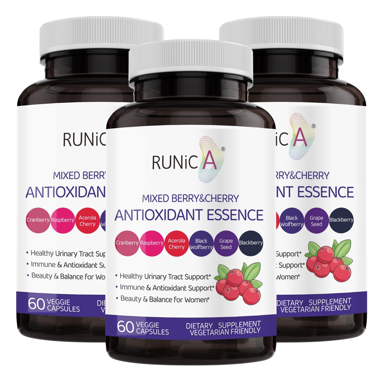 RUNICA 6X 6-in-1 capsules with mixed berry and cherry blend for daily antioxidant support.