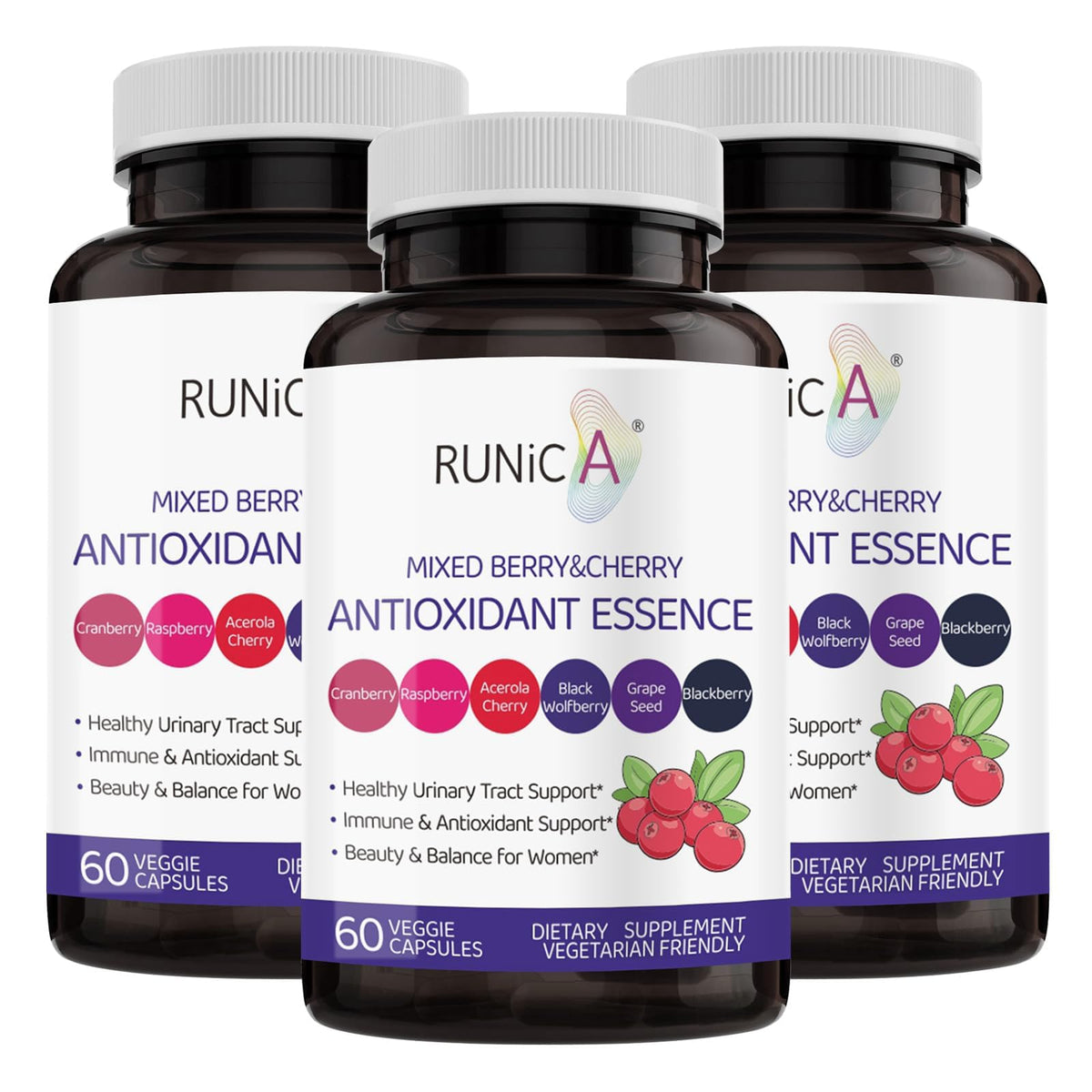 RUNICA 6X 6-in-1 capsules with mixed berry and cherry blend for daily antioxidant support.