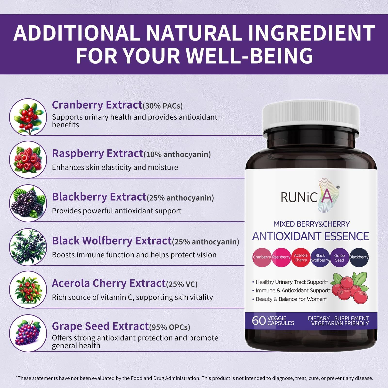 RUNICA 6-berry complex capsules highlighting immune-supporting antioxidants.