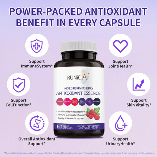 RUNICA cranberry tart cherry capsules for urinary tract health and immune support.