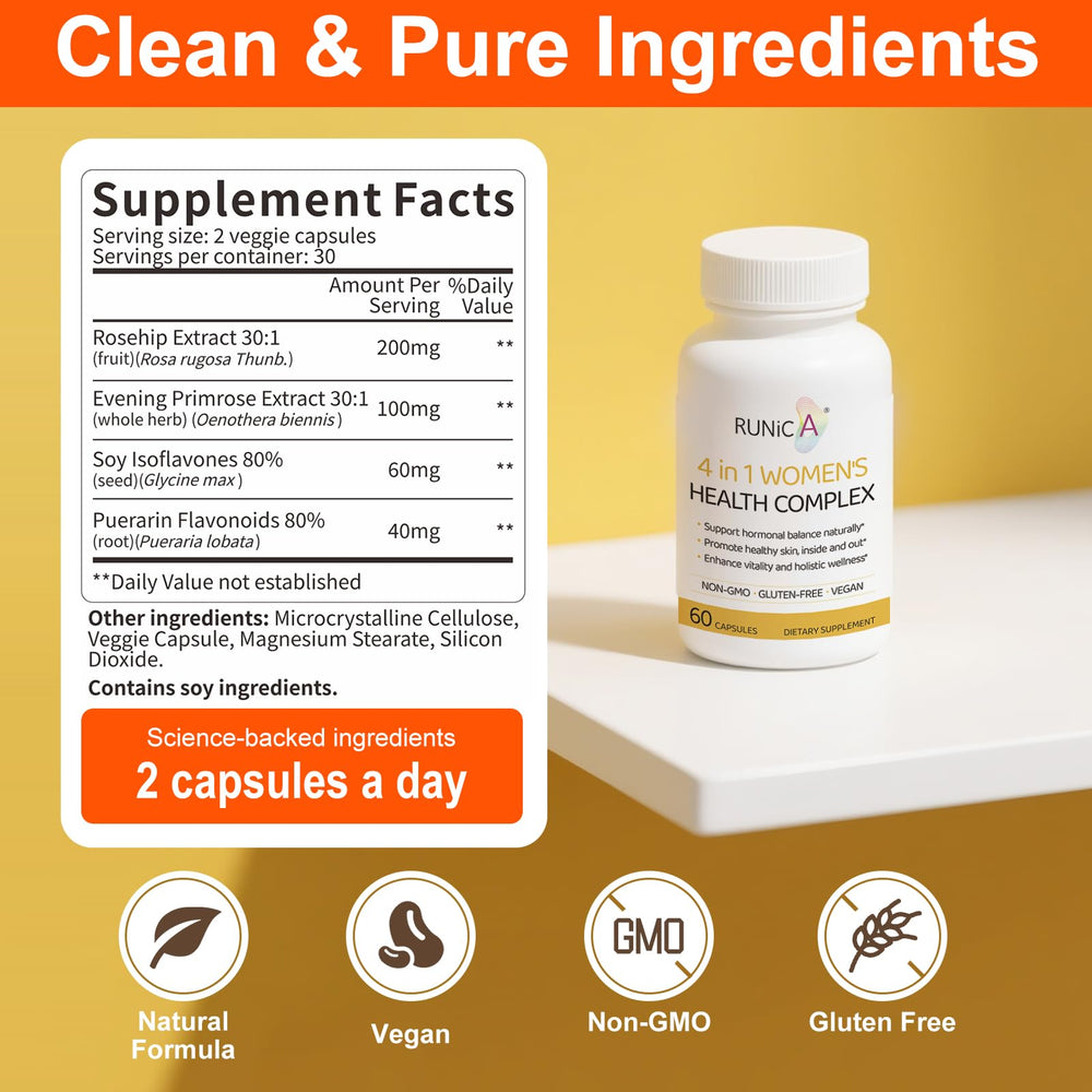 RUNICA 4-in-1 capsules pack highlighting vegan, non-GMO formula for wellness