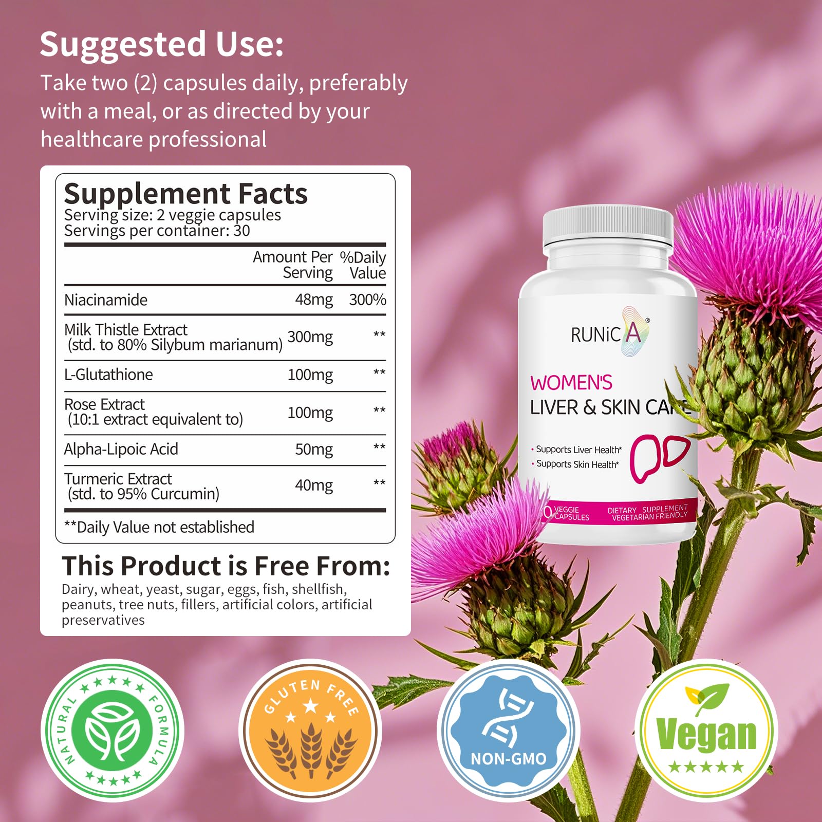 RUNICA Liver Support bottle, easy-to-swallow capsules for daily wellness.