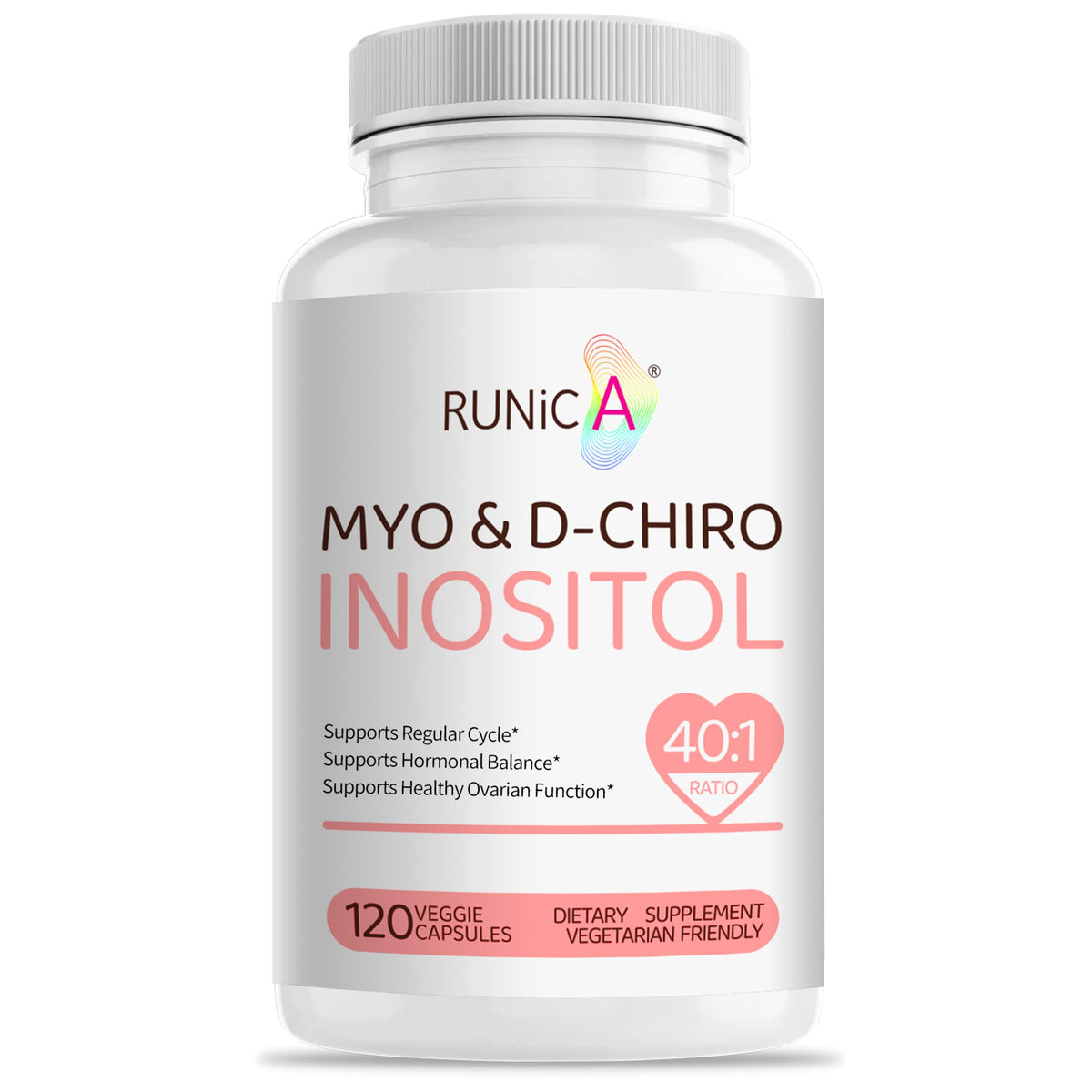 RUNICA Myo-Inositol and D-Chiro bottle highlighting 40:1 balance for hormone support.