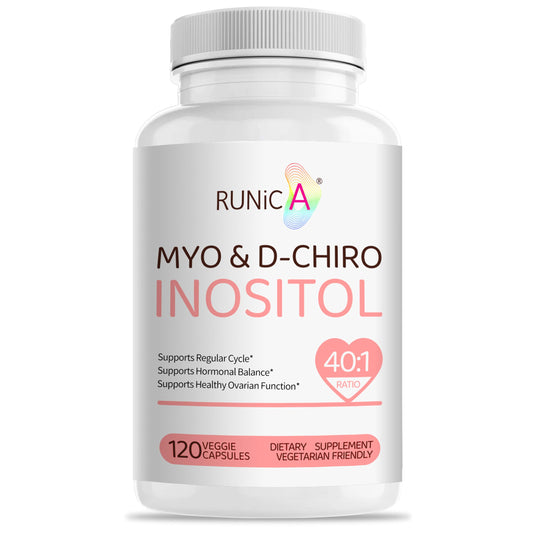 RUNICA Myo-Inositol and D-Chiro bottle highlighting 40:1 balance for hormone support.