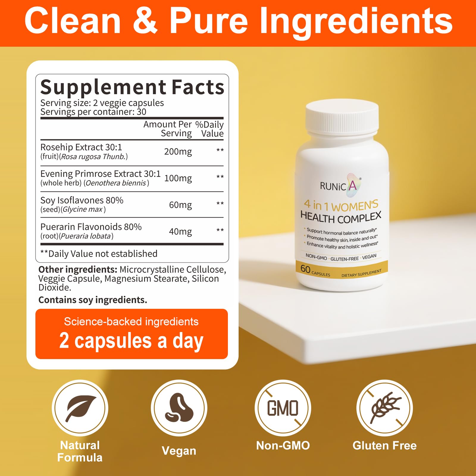RUNICA pueraria kudzu blend bottle shot highlighting hormonal rhythm support